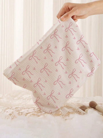 ROMWE Kawaii 1pc Double-Sided Printed Corduroy Makeup Bag With Bowknot Pattern