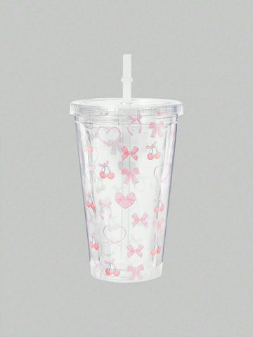 ROMWE Kawaii 1pc Hollowed-Out Pink Cherry Gift Double-Layer Flat Bottom Cup