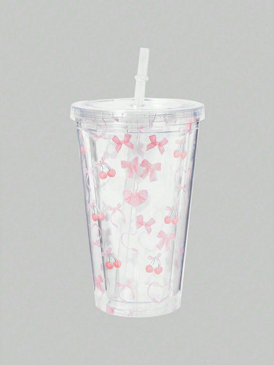 ROMWE Kawaii 1pc Hollowed-Out Pink Cherry Gift Double-Layer Flat Bottom Cup