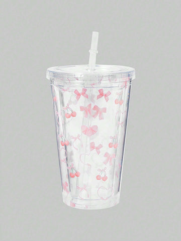 ROMWE Kawaii 1pc Hollowed-Out Pink Cherry Gift Double-Layer Flat Bottom Cup