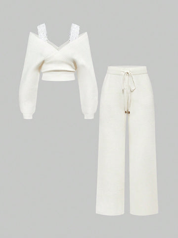 Women's Off-Shoulder V-Neck Lace Strap Loose Wide Leg Pants Knit Sweater Set