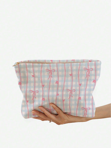 ROMWE Kawaii 1pc Double-Sided Printed Corduroy Makeup Bag With Bowknot Pattern