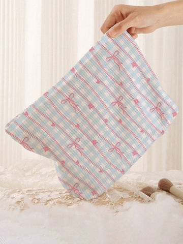 ROMWE Kawaii 1pc Double-Sided Printed Corduroy Makeup Bag With Bowknot Pattern