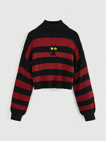 Embroidery Turtleneck Striped Pullover Sweater