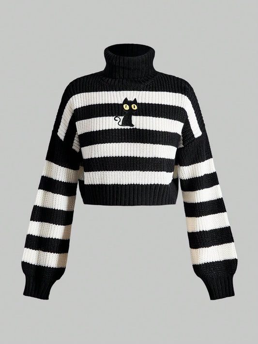 Embroidery Turtleneck Striped Pullover Sweater