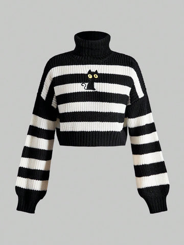 Embroidery Turtleneck Striped Pullover Sweater