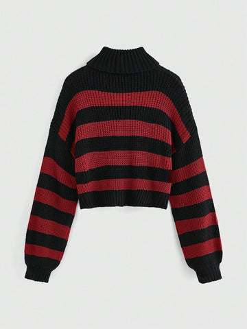 Embroidery Turtleneck Striped Pullover Sweater
