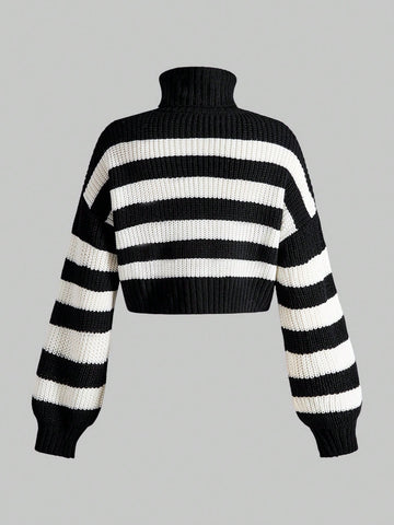 Embroidery Turtleneck Striped Pullover Sweater