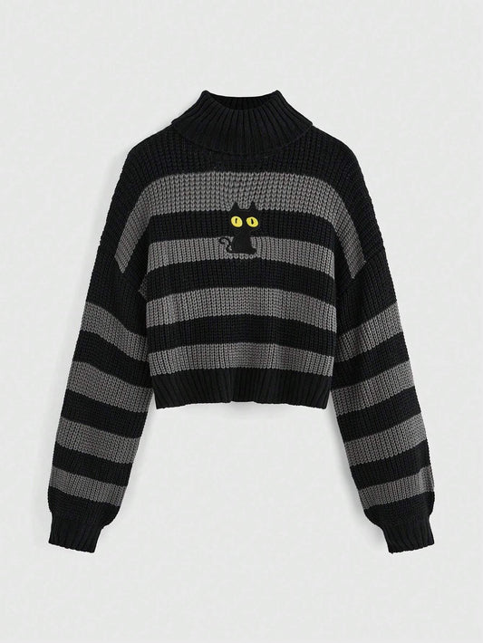 Embroidery Turtleneck Striped Pullover Sweater
