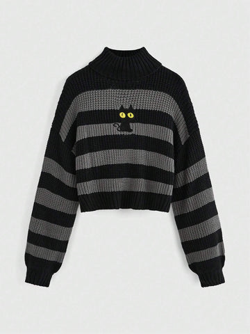 Embroidery Turtleneck Striped Pullover Sweater