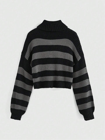 Embroidery Turtleneck Striped Pullover Sweater