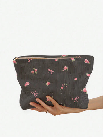 ROMWE Kawaii 1pc Double-Sided Printed Corduroy Makeup Bag With Bowknot Pattern