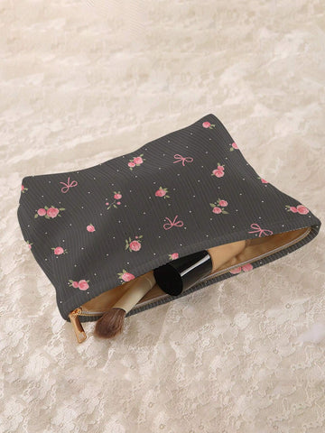 ROMWE Kawaii 1pc Double-Sided Printed Corduroy Makeup Bag With Bowknot Pattern