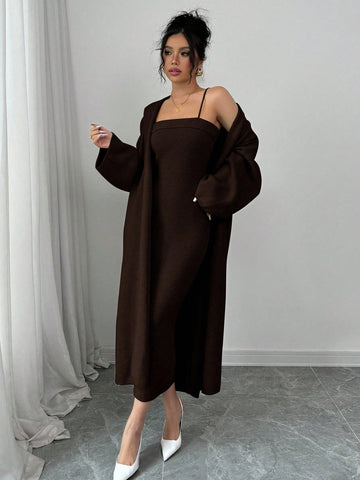 Solid Color Spaghetti Strap Minimalist Dress With Long Sleeve Jacket