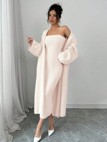 Solid Color Spaghetti Strap Minimalist Dress With Long Sleeve Jacket