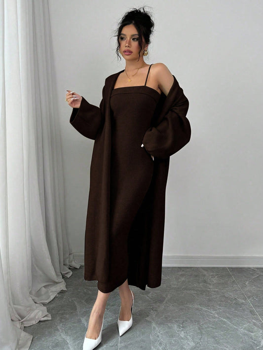 Solid Color Spaghetti Strap Minimalist Dress With Long Sleeve Jacket