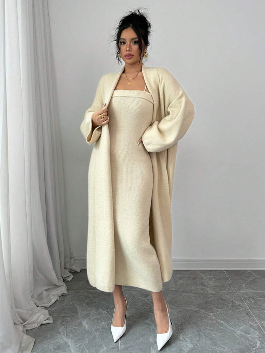 Solid Color Spaghetti Strap Minimalist Dress With Long Sleeve Jacket