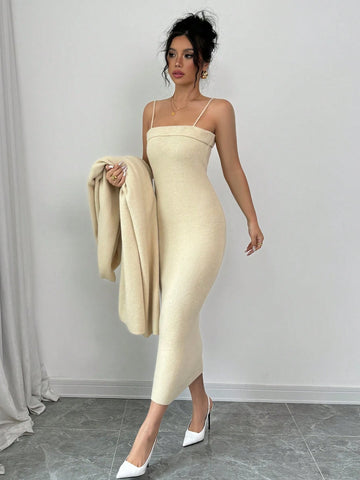 Solid Color Spaghetti Strap Minimalist Dress With Long Sleeve Jacket