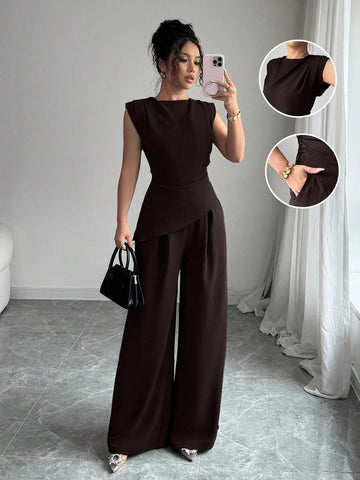 Women Solid Color Textured Pleated Round Neck Sleeveless Top Jumpsuit