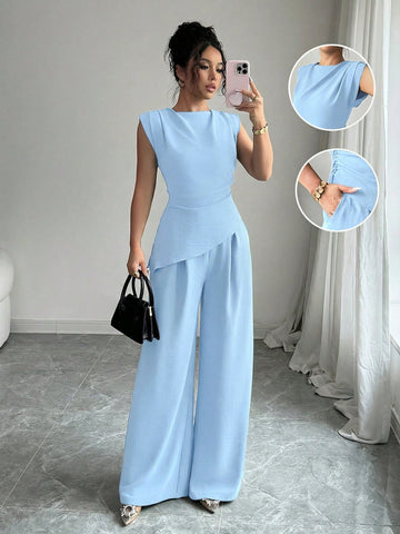 Women Solid Color Textured Pleated Round Neck Sleeveless Top Jumpsuit