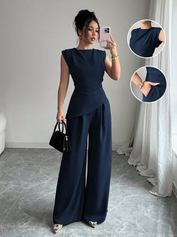 Women Solid Color Textured Pleated Round Neck Sleeveless Top Jumpsuit