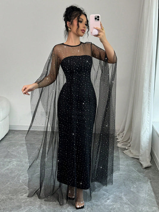 Airlisse 2pcs Elegant Party Rhinestone Decorated Sheer Mesh Shawl Shrug Set
