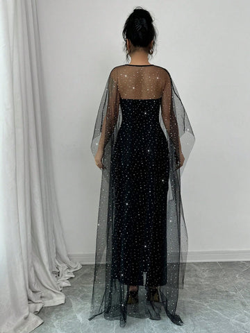 Airlisse 2pcs Elegant Party Rhinestone Decorated Sheer Mesh Shawl Shrug Set
