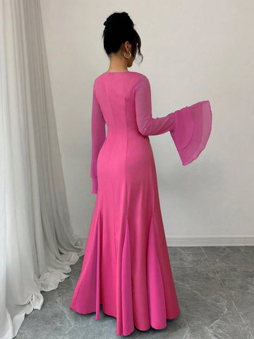 Rafferiza Square Neck Double-Layer Ruffle Cuff Maxi Swing Dress