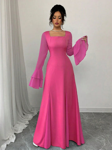 Rafferiza Square Neck Double-Layer Ruffle Cuff Maxi Swing Dress