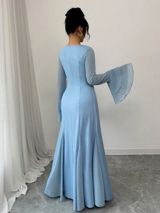 Rafferiza Square Neck Double-Layer Ruffle Cuff Maxi Swing Dress