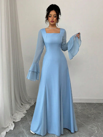 Rafferiza Square Neck Double-Layer Ruffle Cuff Maxi Swing Dress