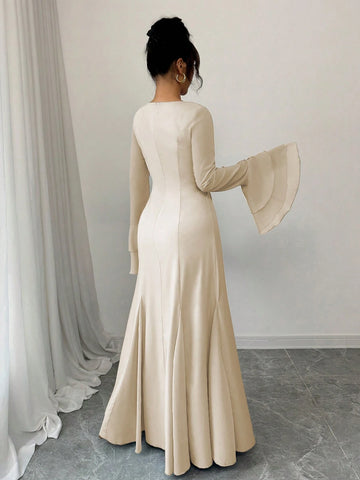 Rafferiza Square Neck Double-Layer Ruffle Cuff Maxi Swing Dress
