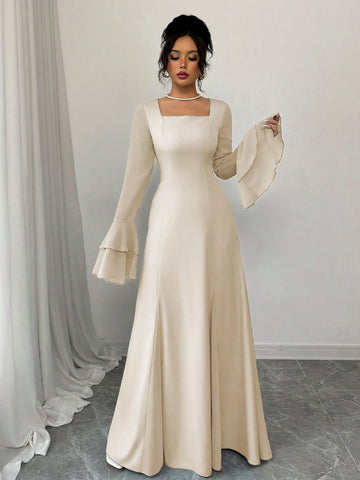 Rafferiza Square Neck Double-Layer Ruffle Cuff Maxi Swing Dress