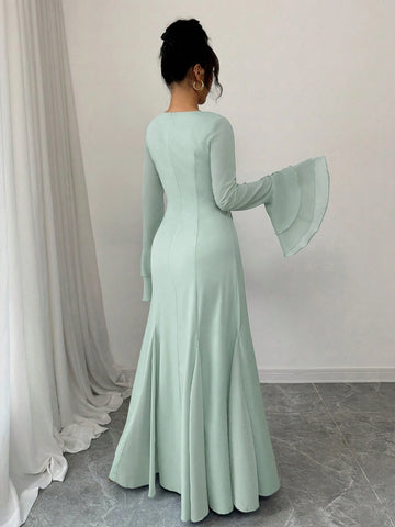 Rafferiza Square Neck Double-Layer Ruffle Cuff Maxi Swing Dress