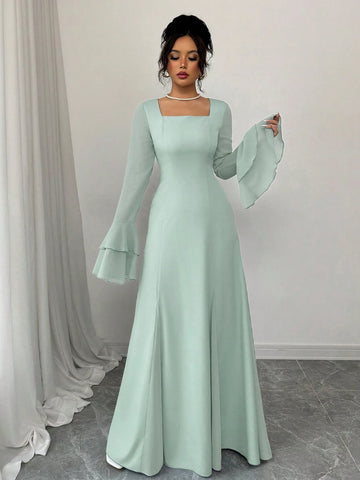 Rafferiza Square Neck Double-Layer Ruffle Cuff Maxi Swing Dress