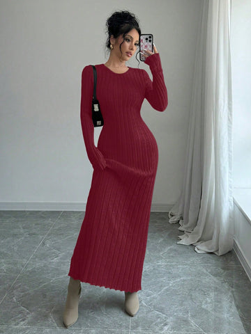 Women Solid Color Ribbed Long Sweater Dress