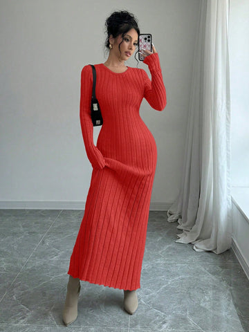 Women Solid Color Ribbed Long Sweater Dress
