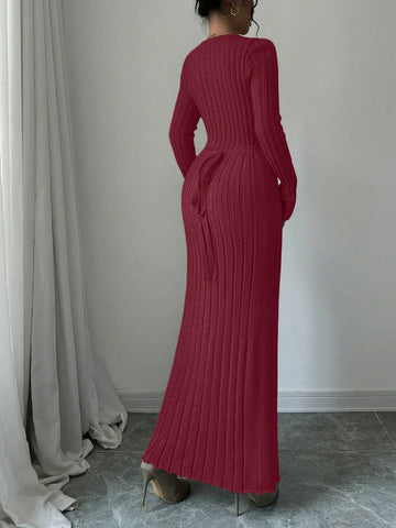 Women Solid Color Ribbed Long Sweater Dress