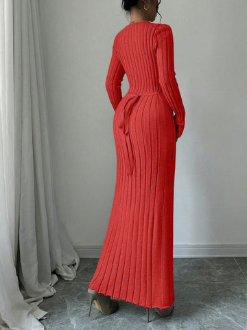 Women Solid Color Ribbed Long Sweater Dress