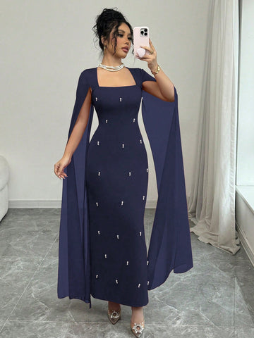 Banquet Fitted Rhinestone Luxurious Shawl Collar Chiffon See-Through Stretch Knit Dress