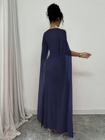 Banquet Fitted Rhinestone Luxurious Shawl Collar Chiffon See-Through Stretch Knit Dress