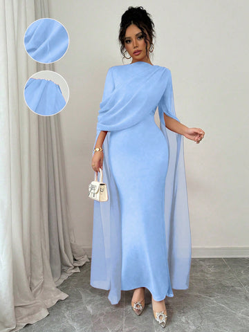Elegant Personalized Party Banquet Gathering Gathered Tight Oblique Shoulder Pleated Sheer Flowy Maxi Sleeve Split Evening Dress