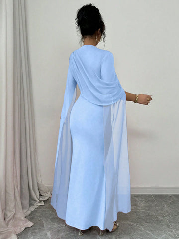 Elegant Personalized Party Banquet Gathering Gathered Tight Oblique Shoulder Pleated Sheer Flowy Maxi Sleeve Split Evening Dress