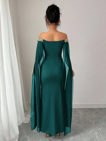 Versatile Gold Floral Trim Off-Shoulder Sheer Wrap Fitted Waist Maxi Mermaid Dress