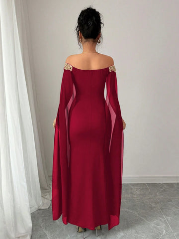 Versatile Gold Floral Trim Off-Shoulder Sheer Wrap Fitted Waist Maxi Mermaid Dress