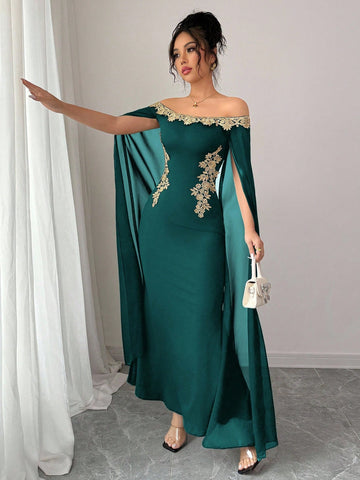 Versatile Gold Floral Trim Off-Shoulder Sheer Wrap Fitted Waist Maxi Mermaid Dress