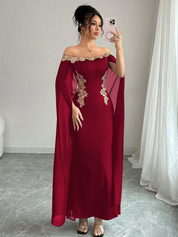 Versatile Gold Floral Trim Off-Shoulder Sheer Wrap Fitted Waist Maxi Mermaid Dress