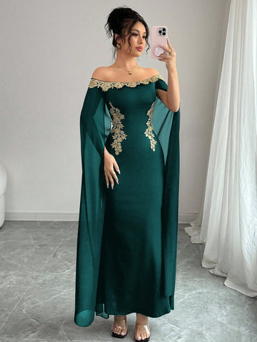 Versatile Gold Floral Trim Off-Shoulder Sheer Wrap Fitted Waist Maxi Mermaid Dress