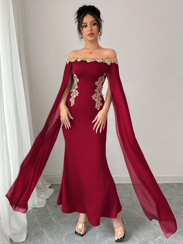 Versatile Gold Floral Trim Off-Shoulder Sheer Wrap Fitted Waist Maxi Mermaid Dress