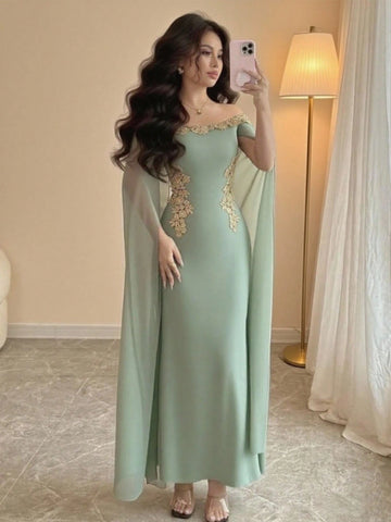 Versatile Gold Floral Trim Off-Shoulder Sheer Wrap Fitted Waist Maxi Mermaid Dress